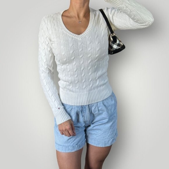 Tommy Hilfiger Womens S White Cable Knit Sweater Classic V-Neck Pullover Preppy - Picture 1 of 8